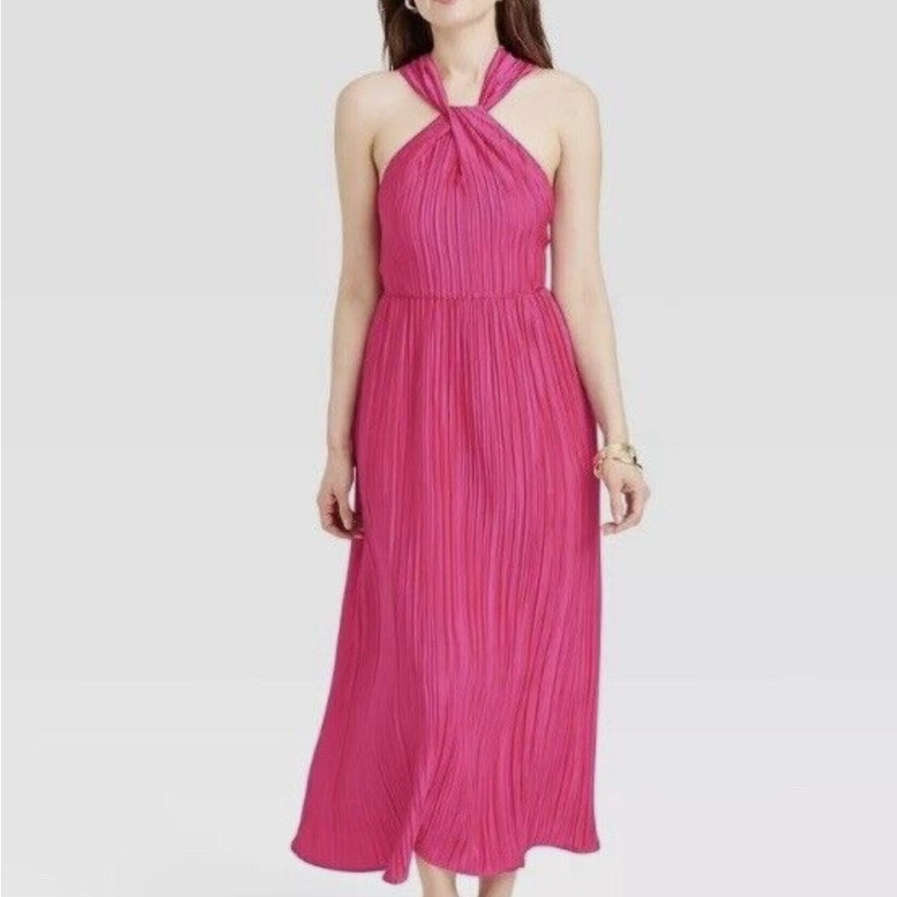 Target A New Day - NWT Pink Magenta Halter Cross Back Pleated Dress, Size S